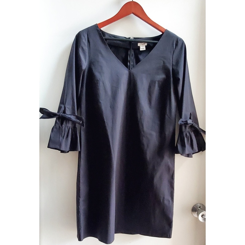 J. Crew Dress Ruffle Tie Sleeve Size 4 Black Shift V-Neck Zipper Back Classic